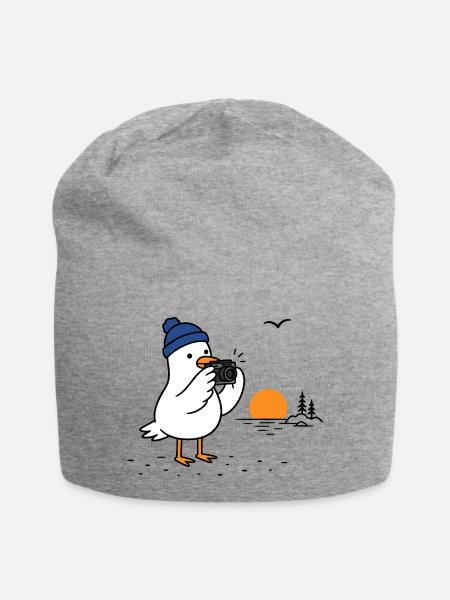 Möwe mit Kamera am Sonnenuntergang - Jersey-Beanie - Grau meliert