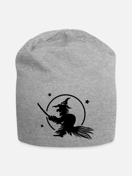 Halloween Hexe auf einem Besen, Vollmond. - Jersey-Beanie - Grau meliert