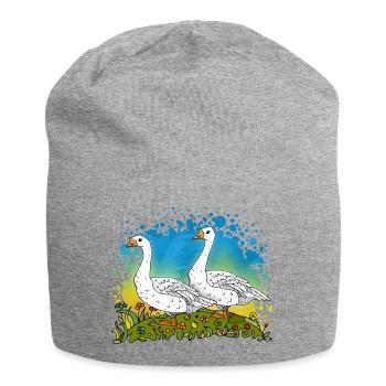 Deux oies sur des pignons verts - Bonnet en jersey - gris chiné - Devant