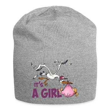 Stork with baby girl; "It's a Girl" - Jersey Beanie - heather grey - Front