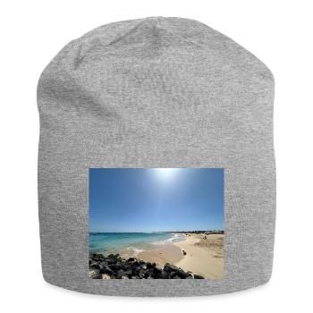 Plage au soleil : bleu et sable - Bonnet en jersey - gris chiné - Devant