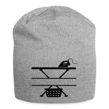 Iron, ironing board and laundry basket, text banner - Jersey Beanie - heather grey - Front