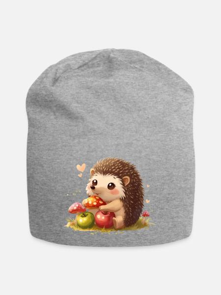 Süßer Igel mit Pilzen und Äpfel - Jersey-Beanie - Grau meliert