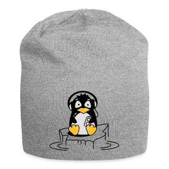 Cooler Pinguin mit Kopfhörern auf Eis - Jersey-Beanie - Grau meliert - Vorne