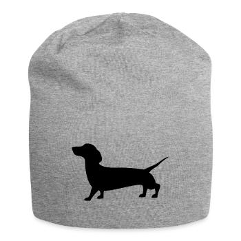 Schwarze Silhouette eines Wursthundes - Für Dackel - Jersey-Beanie - Grau meliert - Vorne