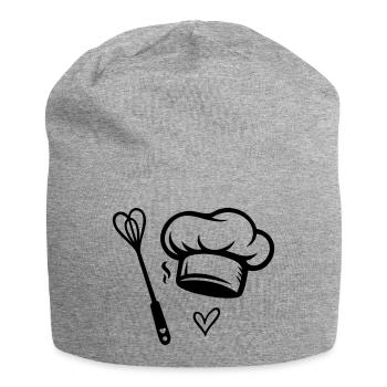 Kochmütze & Herz- Schneebesen - Kochen mit Liebe - Jersey-Beanie - Grau meliert - Vorne