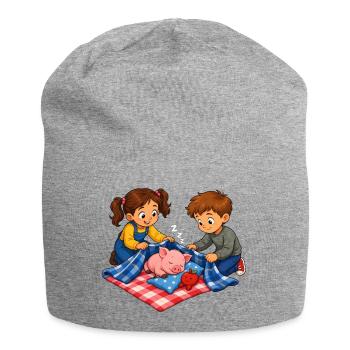 Pig nap with children cuddle motif - Jersey Beanie - heather grey - Front