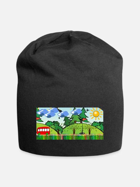 Sonnenfröhliche Waldlandschaft mit Bus - Jersey-Beanie - Schwarz