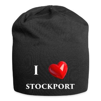 I Love Stockport - White Text - Jersey Beanie - black - Front