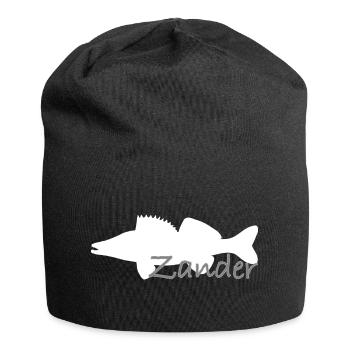 Pike-perch in white with grey lettering - Jersey Beanie - black - Front