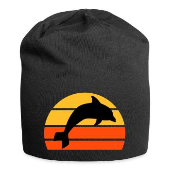 Springender Delphin vor einer geteilten Halbsonne - Jersey-Beanie - Schwarz - Vorne