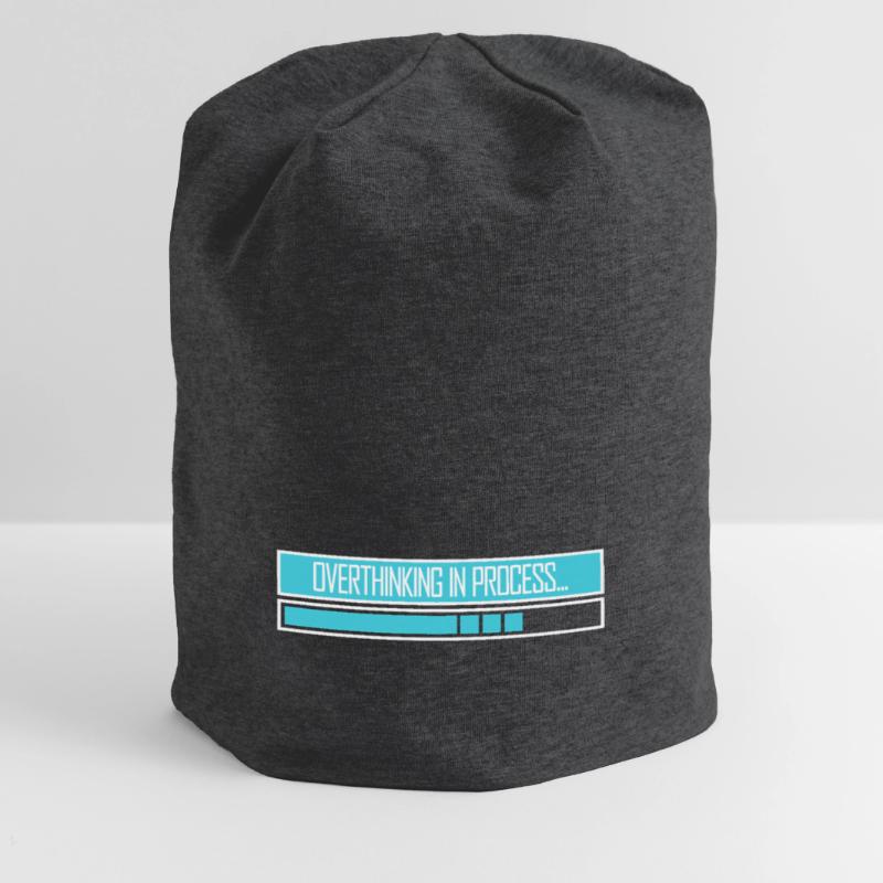 Overthinking In Process Funny Brooding Saying Logo Jersey Beanie