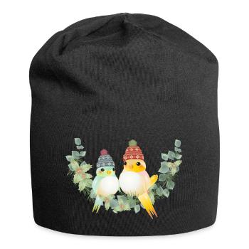 Two colorful birds with bobble hat for Christmas - Jersey Beanie - black - Front