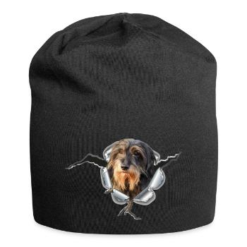 Rauhaardackel im *Metall-Loch* - Jersey-Beanie - Schwarz - Vorne