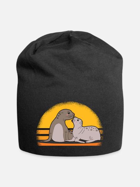 Robbe mit Baby niedliche Seehunde Robben Geschenk - Jersey-Beanie - Schwarz