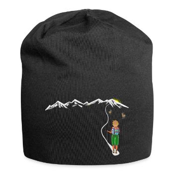 Frau geht wandern Auf die Berge bei Sonnenschein - Jersey-Beanie - Schwarz - Vorne