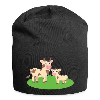 Kuh mit Kalb - Jersey-Beanie - Schwarz - Vorne