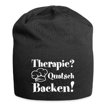 Backen ist Therapie mit Bäckermütze und Spruch - Jersey-Beanie - Schwarz - Vorne