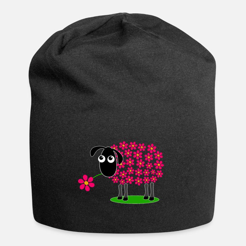 Schaf mit Blumen hell rot statt Wolle - Geschenk - Jersey-Beanie - Schwarz