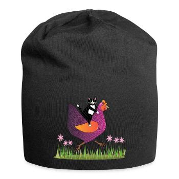 Hen Rider - Katze auf Huhn - Geschenkidee - Jersey-Beanie - Schwarz - Vorne