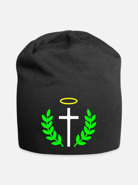 christliches-kreuz-heiligenschein-lorbeer-1 - Jersey-Beanie - Schwarz