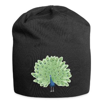 Paon en bleu et vert - Bonnet en jersey - noir - Devant