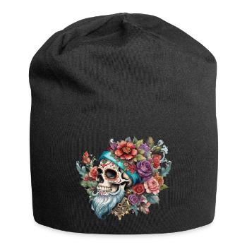 vintage, hipster, skull, bart, tatoo stil, rose - Jersey-Beanie - Schwarz - Vorne