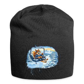 Lustiges Eichhörnchen im Skilift –Winterspaß Motiv - Jersey-Beanie - Schwarz - Vorne