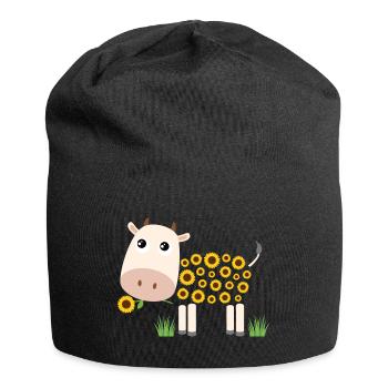Kuh mit Sonnenblumen statt Fell - Jersey-Beanie - Schwarz - Vorne
