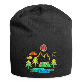 camping, camping, mountains, nature, forest, summer, sun - Jersey Beanie - black - Front