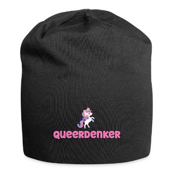 LGBTQ+ - "QUEERDenker mit Einhorn pink" - Jersey-Beanie - Schwarz - Vorne