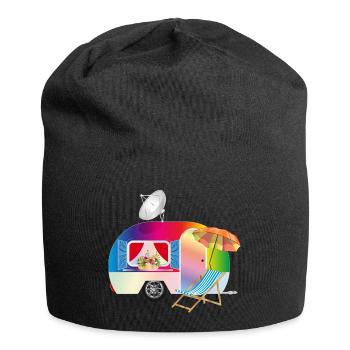 Bunter Retro-Wohnwagen mit Liegestuhl - Jersey-Beanie - Schwarz - Vorne
