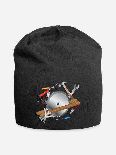 Kreissägeblatt mit Holzbrett und Werkzeuge - Jersey-Beanie - Schwarz