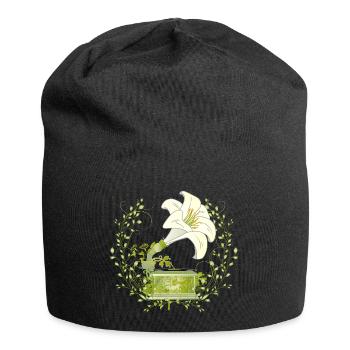 Lilien-Grammophon – florales Musikmotiv in Grün - Jersey-Beanie - Schwarz - Vorne