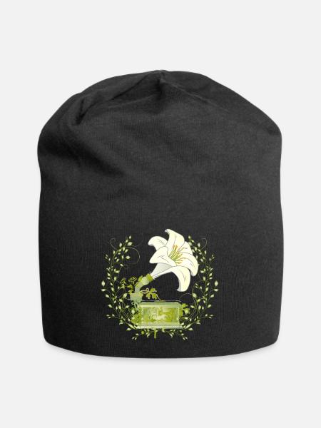 Lilien-Grammophon – florales Musikmotiv in Grün - Jersey-Beanie - Schwarz