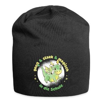 Drache Dino Einschulung - "magisch in die Schule" - Jersey-Beanie - Schwarz - Vorne