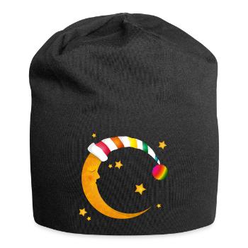Sleeping Moon with Colorful Sleepy Cap and Stars - Jersey Beanie - black - Front