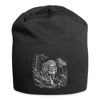 Wild wolf in mountain landscape in engraving style - Jersey Beanie - black - Front