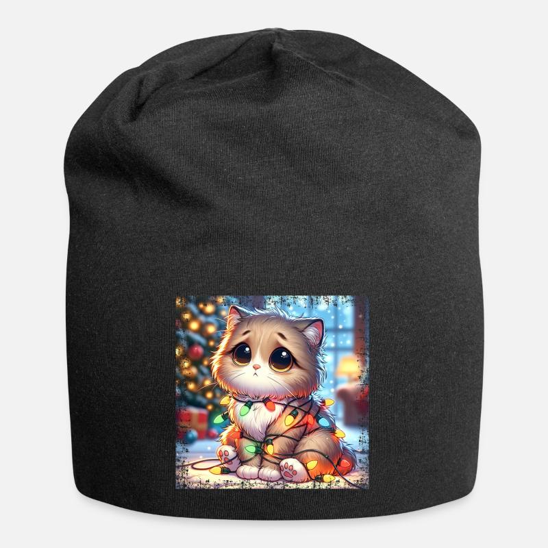 Süße Weihnachtskatze - Lichterketten-Chaos im - Jersey-Beanie - Schwarz
