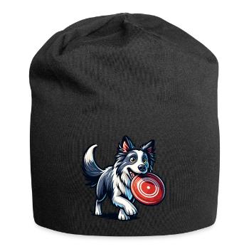 A border collie happily plays with a frisbee - Jersey Beanie - black - Front