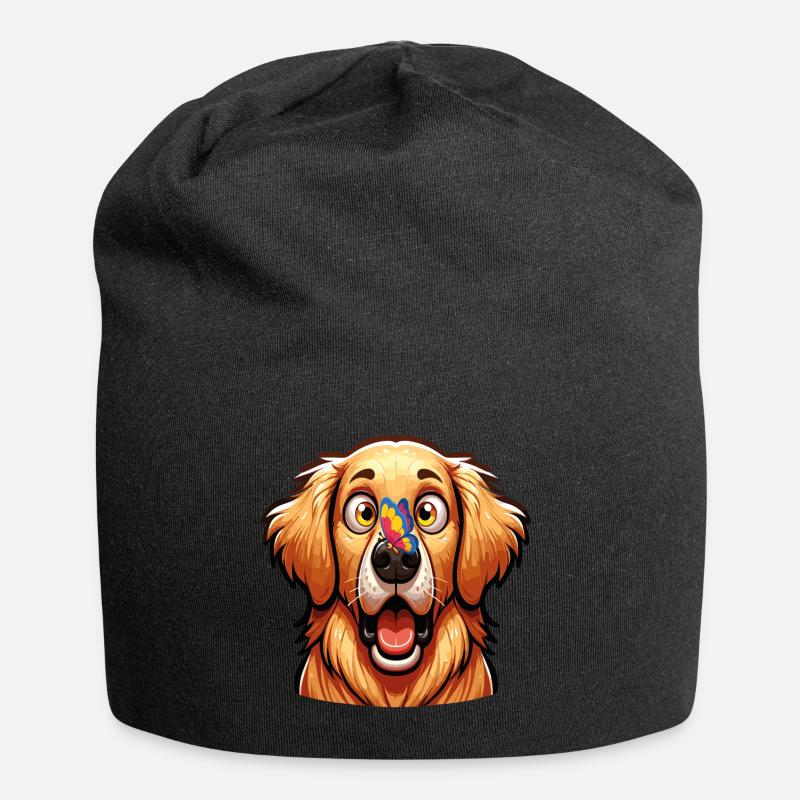 Ein Labradorhund, der von einem bunten Schmetterling überrascht wird - Jersey-Beanie - Schwarz