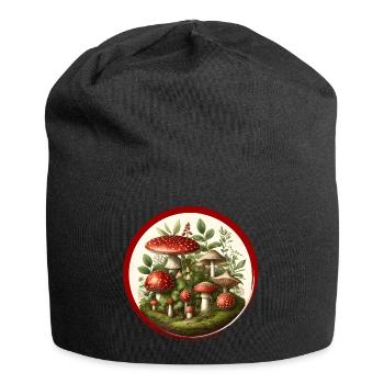 Detailreiche rote Fliegenpilze auf Waldboden - Jersey-Beanie - Schwarz - Vorne