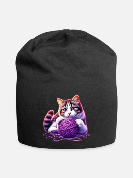 Katze spielt mit einem Wollknäuel - Jersey-Beanie - Schwarz