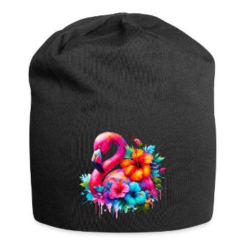 Flamingo verziert mit Hibiskusblüten - Jersey-Beanie - Schwarz - Vorne