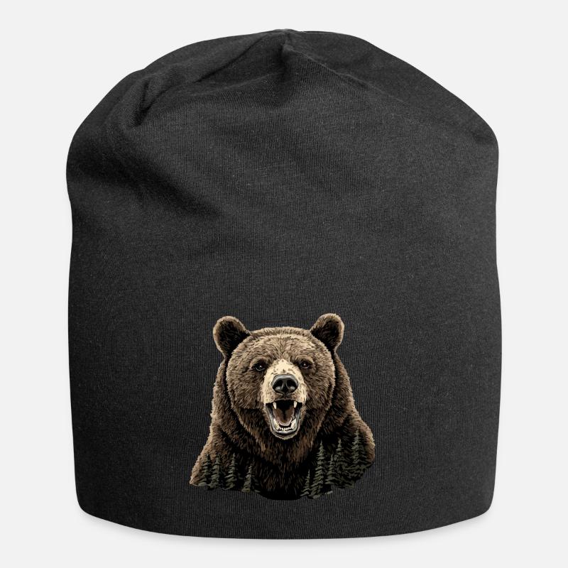 Ours rugissant avec texture forestière en fourrure. - Bonnet en jersey - noir