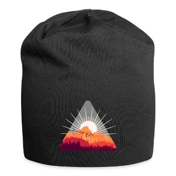 Sonnenaufgang in den Bergen mit Vogelschwarm - Jersey-Beanie - Schwarz - Vorne