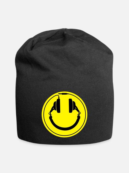 Smiley-Kopfhörer - Jersey-Beanie - Schwarz