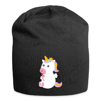 Süßes sitzendes Einhorn mit Getränk - Jersey-Beanie - Schwarz - Vorne