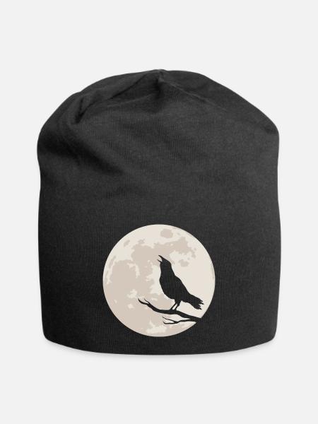 Crow silhouette before full moon - Jersey Beanie - black