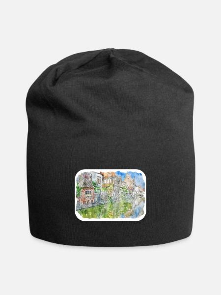 Belgien Wahrzeichen Aquarell Skizze Farbe Zeichnung - Jersey-Beanie - Schwarz